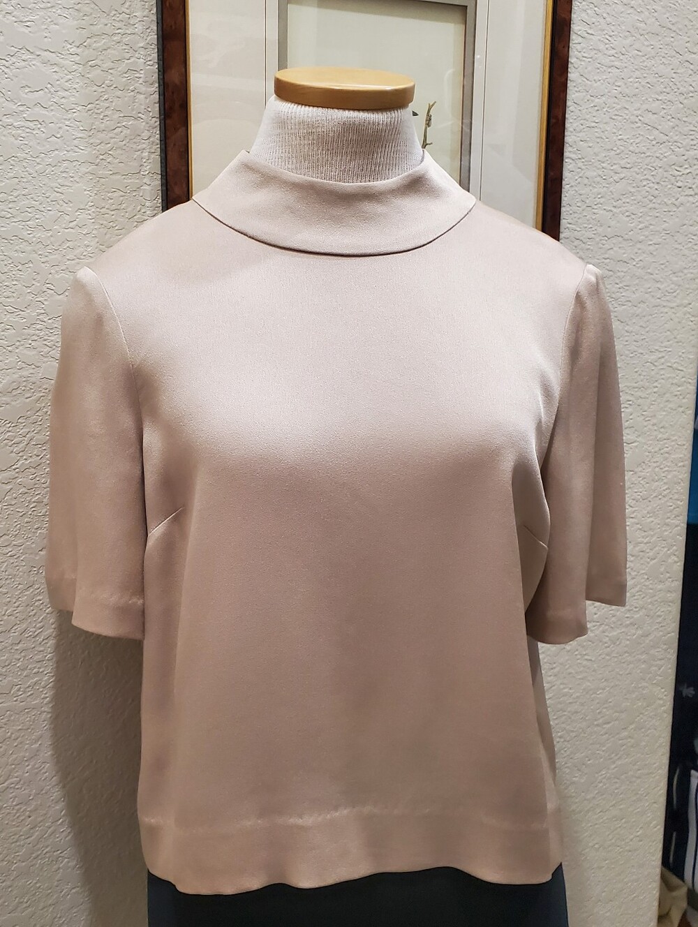 Veronica Beard Beige Short-Sleeve Mock Neck Top Silk Scarf